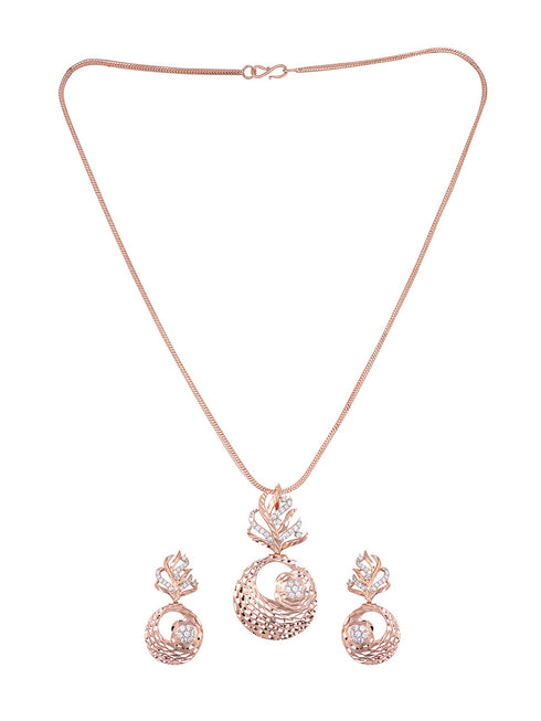 Rose Gold plated AD studded Round Pendant Earrings set chain