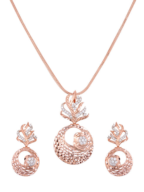 Rose Gold plated AD studded Round Pendant Earrings set chain