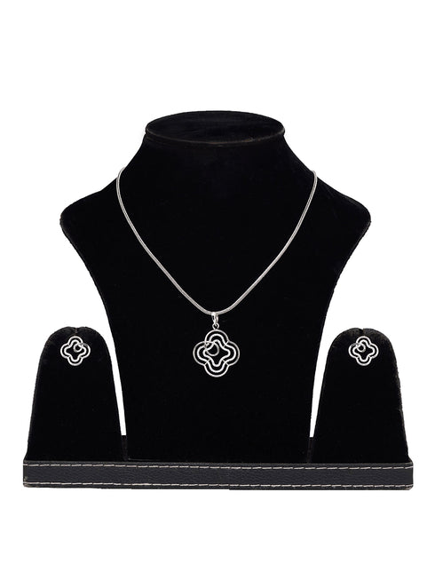 White Rhodium AD studded Floral design Pendant Earrings set chain