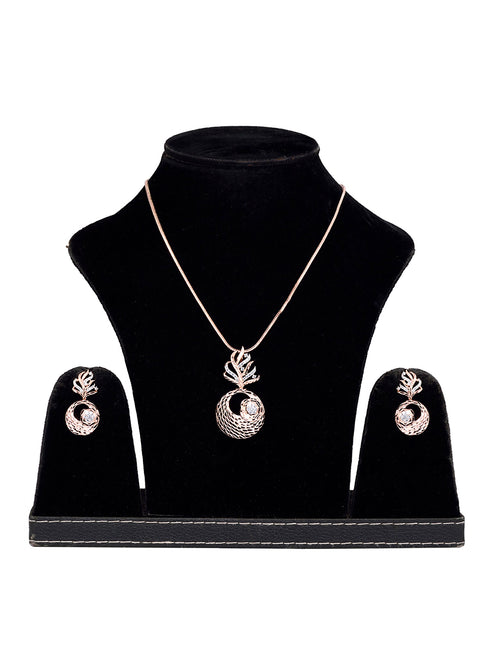 Rose Gold plated AD studded Round Pendant Earrings set chain