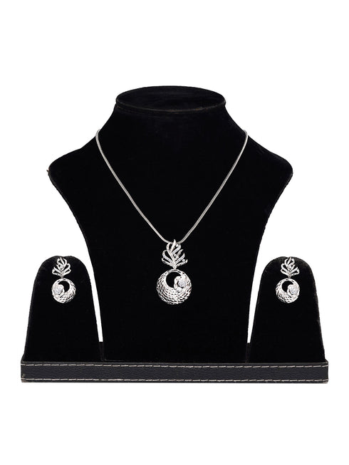 White Rhodium plated AD studded Round Pendant Earrings set chain