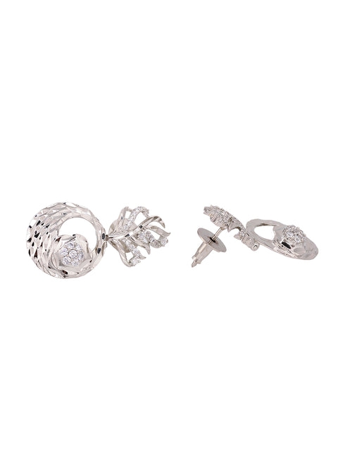 White Rhodium plated AD studded Round Pendant Earrings set chain