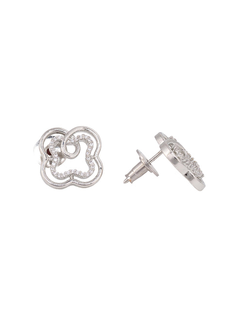 White Rhodium AD studded Floral design Pendant Earrings set chain
