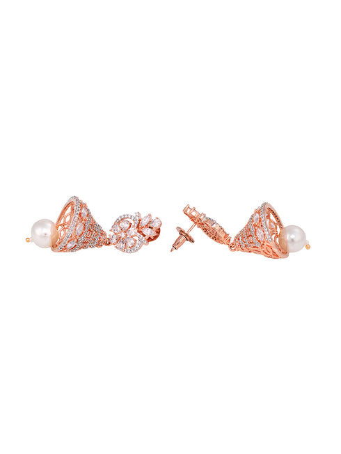 Rose Gold plated AD studded Bell shaped Hanfcrafted Jhumka Earring