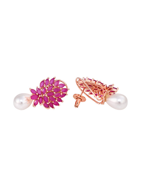 Rose Gold Plated Luxurious Pink AD studded Pearl Drop Earring