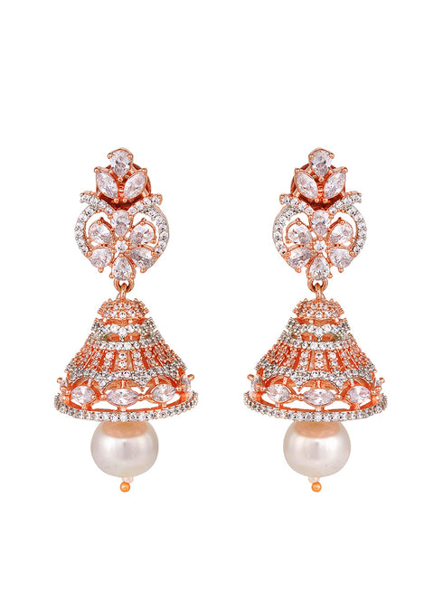 Rose Gold plated AD studded Bell shaped Hanfcrafted Jhumka Earring
