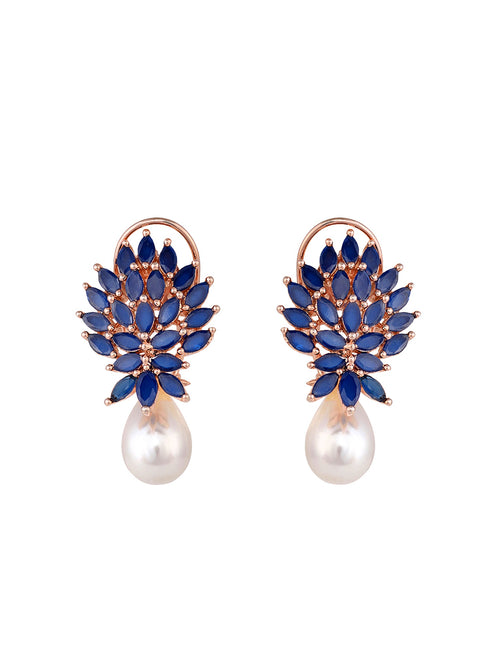 Rose Gold Plated Luxurious Blue AD studded Pearl Drop Earring