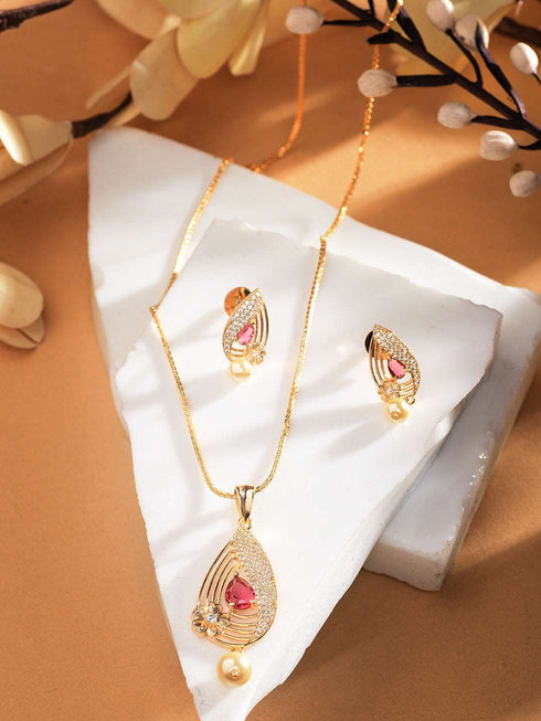 Gold Plated Ruby Studded Floral Locket jewellery Set