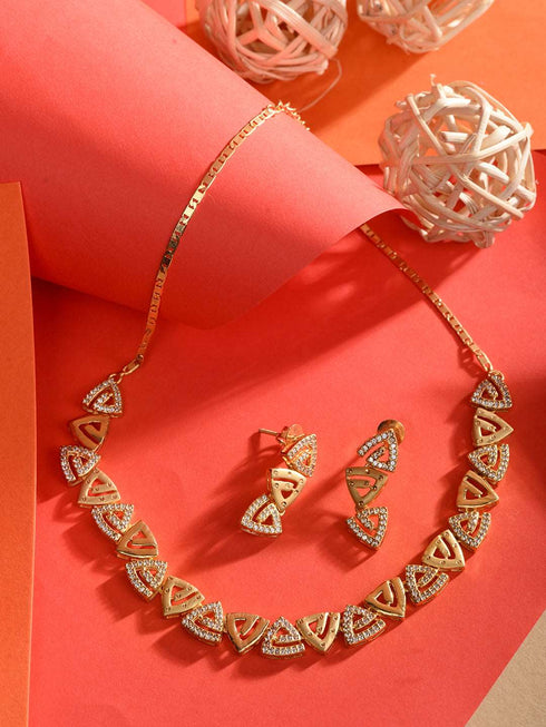 Gold Plated AD Studded Triangle shaped Handcrafted Necklace Jewellery Set