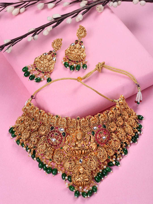 Gold Plated kemp stone studded Lakshmi Design Dangling Green Beads Temple Choker Jewellery Set
