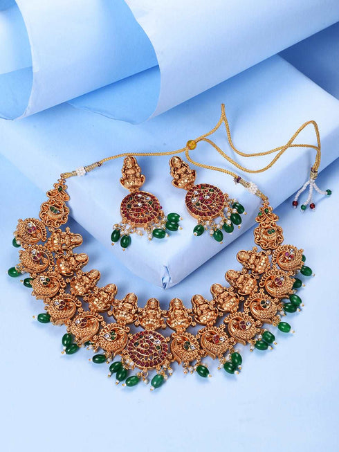 Gold Plated Kemp stone Studded Peacock Motif Temple Bridal Choker Jewellery Set
