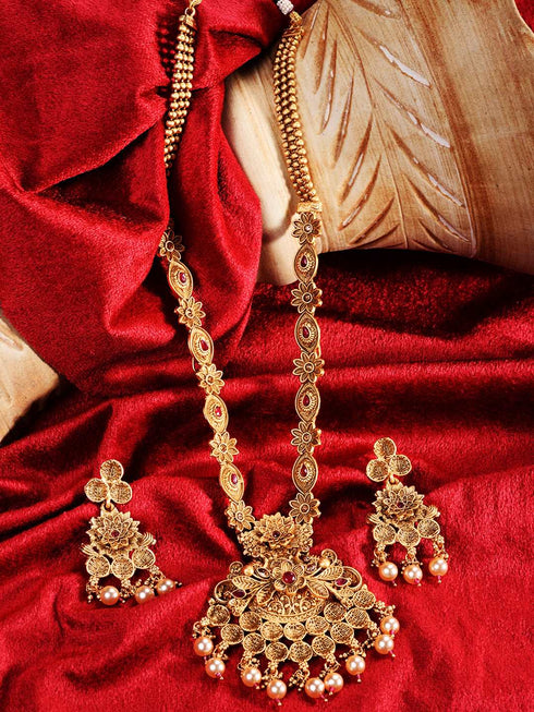 Antique Gold Plated Kemp stone studded Rajwadi long Temple Necklace Jewellery Set