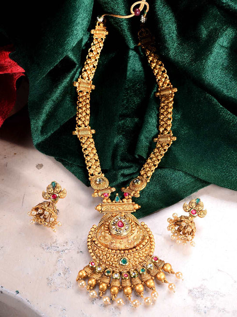 Gold Plated Kundan & Pearl studded Rajwadi Long Temple Necklace Jewellery Set