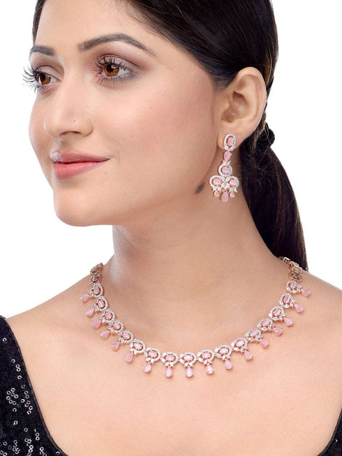 Contemporary Pink Diamond studded Necklace Earrings for women & Girls