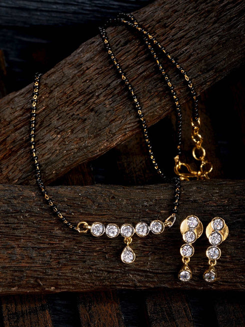 Gold Plated Black & White AD Studded & Beaded Mangalsutra Earrings