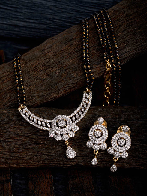 Gold Plated Black & White AD Studded & Beaded Mangalsutra Earrings