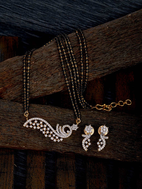 Gold Plated Black & White AD Studded & Beaded Mangalsutra Earrings