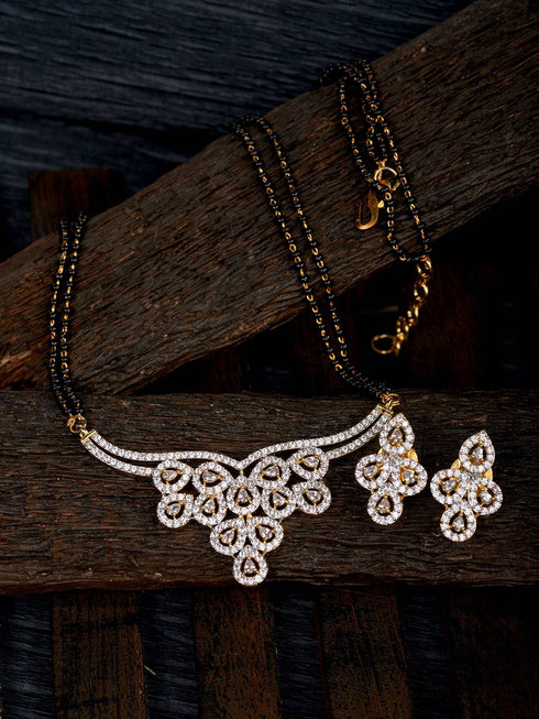 Gold Plated Black & White AD Studded & Beaded Mangalsutra Earrings