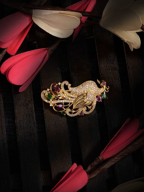 Gold Plated Red & Green Peacock Hair Claw Clip