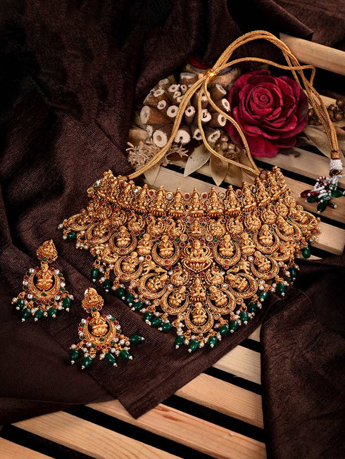 Gold Plated Intricate Temple Design Dangling Green Beads Choker Jewellery Set