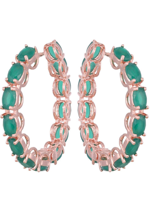 Emerald studded Hoops Rose Gold Plated Green Round Big Earrings
