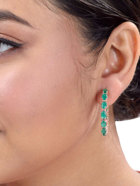 Emerald studded Hoops Rose Gold Plated Green Round Big Earrings