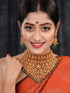Gold Plated Intricate Temple Design Dangling Green Beads Choker Jewellery Set