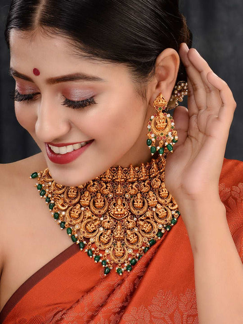 Gold Plated Intricate Temple Design Dangling Green Beads Choker Jewellery Set