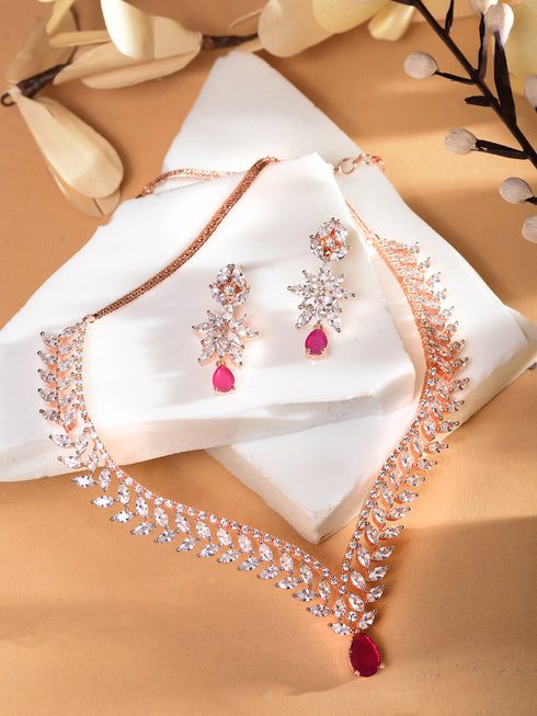Rose Gold Plated Red AD Studded Statement Necklace Jewellery Set