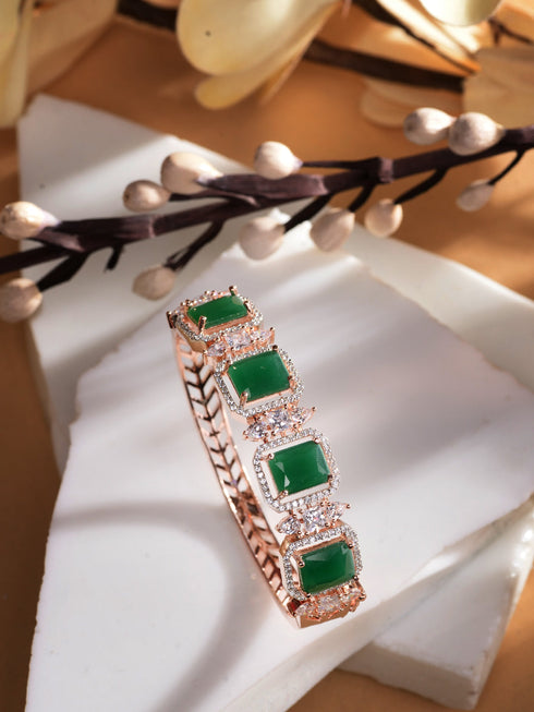 Rose Gold Plated Green Emerald Studded Statement Bracelet