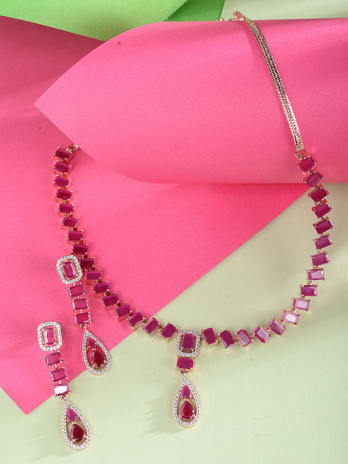 Rose Gold Toned Ruby Pink AD Studded Minimal Necklace Jewellery Set