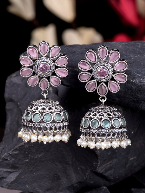 Oxidised Siver Pink Stone Studded Dome Jhumka Earrings