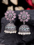 Oxidised Siver Pink Stone Studded Dome Jhumka Earrings