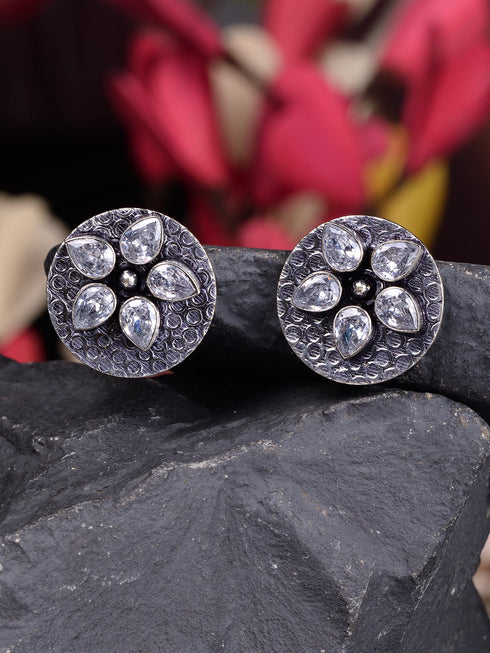 Oxidised Silver Toned White Stone Studds Earrings