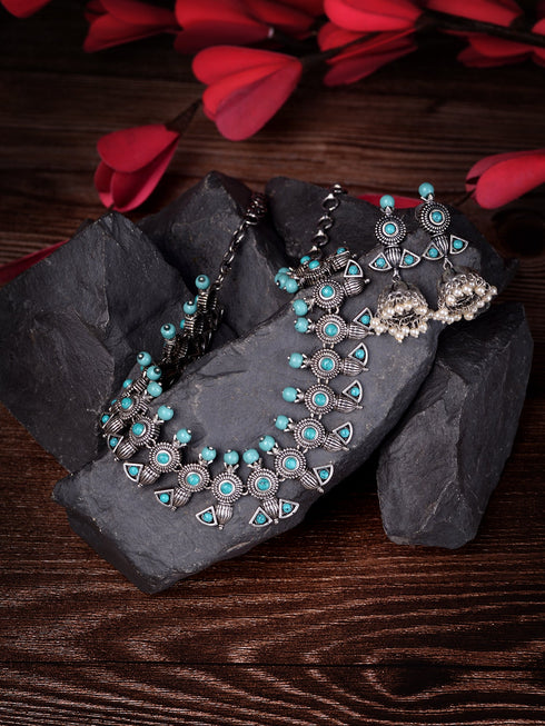 Oxidised Silver Toned Aqua Turquoise Choker Jewellery set