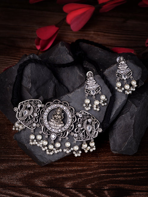 Oxidised Silver Toned lakshmi Motif Antique Temple Jewellery set