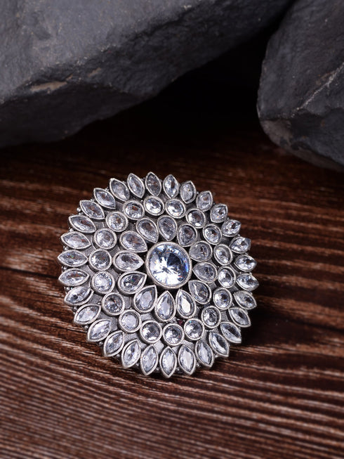 Oxidised Silver Plated White Stone Studded Cocktail Finger Ring