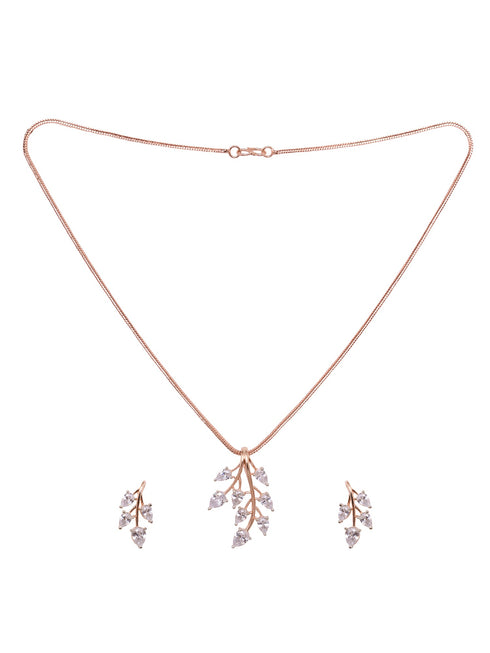 Rose Gold Plated White AD Studded Leaf Design Locket Jewellery Set