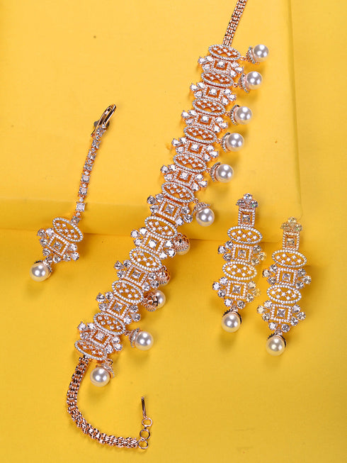 Rose Gold Toned White AD Studded & Pearl Beaded Choker Jewellery Set Mangtika