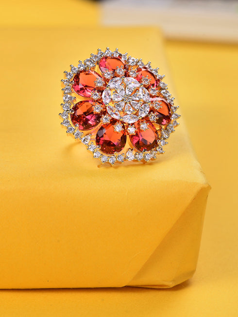 Rose Gold Toned Ruby Studded Cocktail Finger Ring