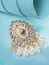 Gold Toned White Kundan Studded & Pearl Beaded Ring