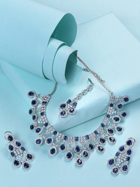 Silver plated Blue AD Studded statement Necklace Jewellery Set Mangtika