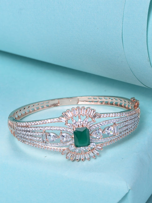 Rose Gold Toned Green AD Encrusted Statement Kada Bracelet