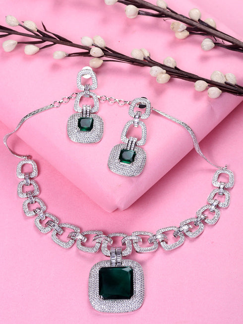 Silver Plated Green AD Studded Statement Necklace Jewellery Set