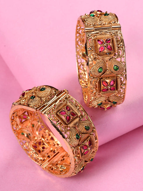 Set Of 2 Gold Plated Red & Green stone Studded Openable Bangles