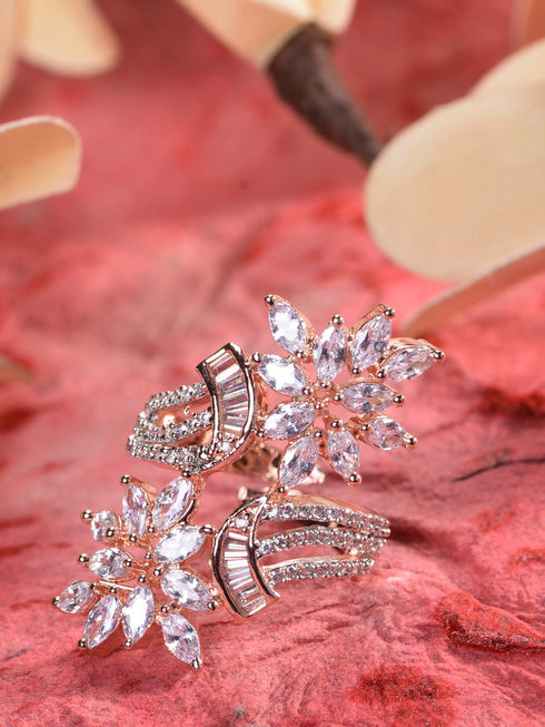 Rose Gold Polished White AD Floral Engagement Ring