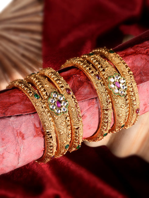 Set Of 6 Panchi Gold Plated Floral Panchi Kundan Studded Designer Bangles