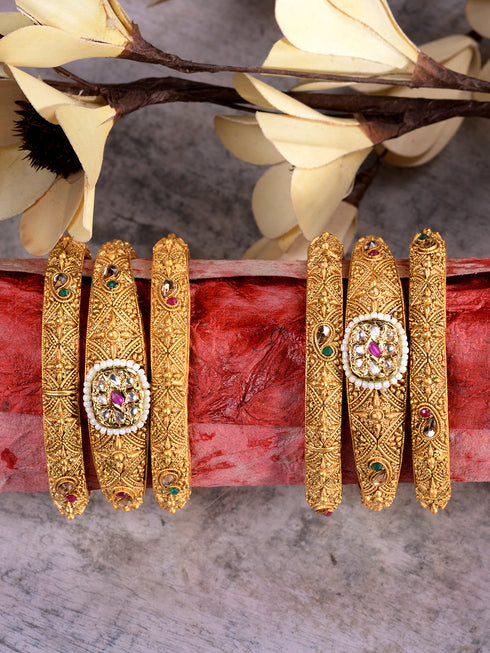 Set Of 6 Gold Plated Panchi Kundan Studded Bridal Bangles