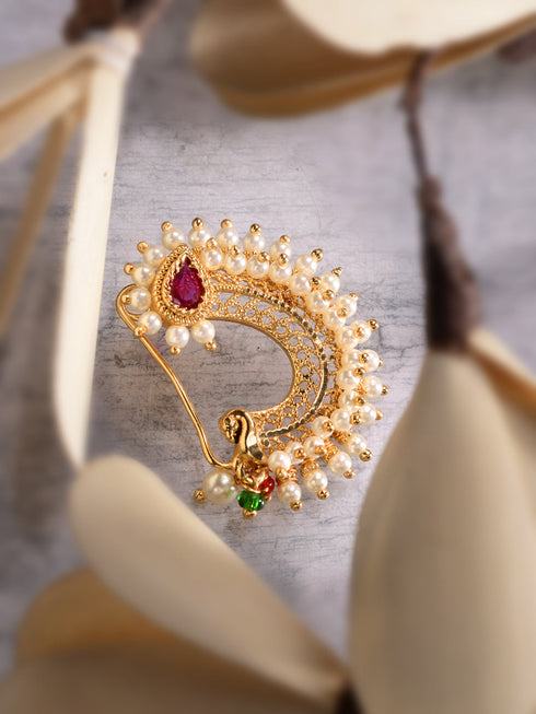 Gold Plated White Pearl Beaded Peshwai Moti Nath