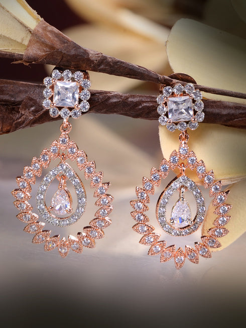 Rose Gold Plated AD Studded modern Chandbali Earrings